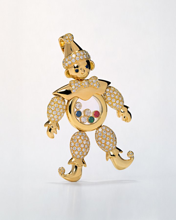 Designed by Caroline Scheufele and the first jewellery launched by Chopard in 1985, the Happy Clown has articulated limbs and floating diamonds in its tummy.